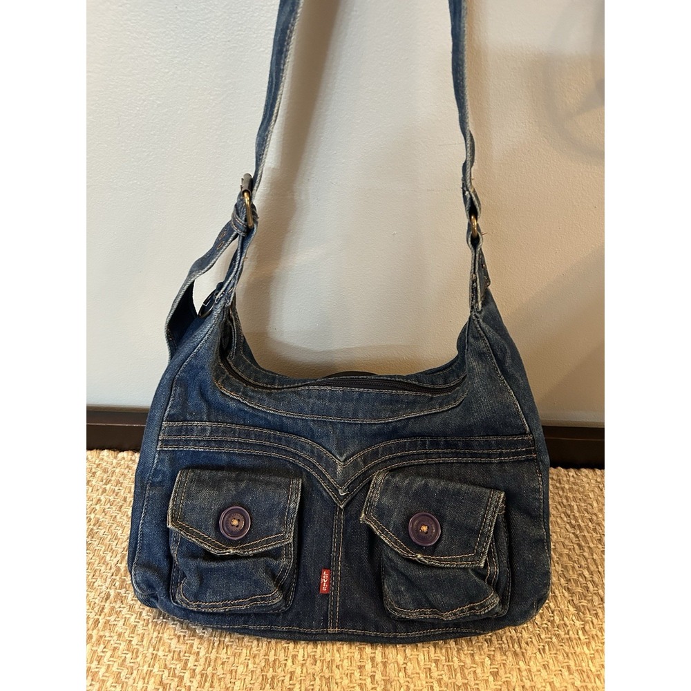 Vintage Y2K Levi's Denim Blue Shoulder Bag Front Hook Loop Utility Pockets Boho